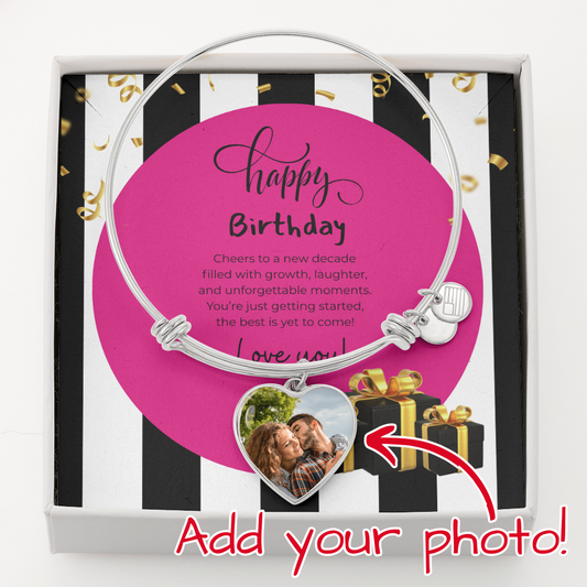 Happy Birthday Custom Luxury Heart Bangle – Personalized Photo Bracelet with Heart Charm | Meaningful Gift for Wife, Girlfriend, or Mom