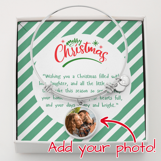 “Merry Christmas Personalized Luxury Circle Bangle – Custom Christmas Gift with Message Card | Buyer Upload Photo Bracelet”