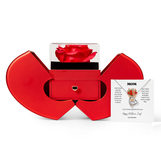 Mother’s Day Forever Love Necklace with Eternal Red Rose Heart Box – 14K White Gold or 18K Gold Heart Pendant Gift for Mom, Wife, or Her