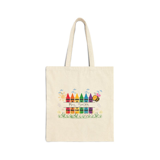 Teacher's Bee and Crayons Canvas Tote Bag, Customizable Teacher Gift