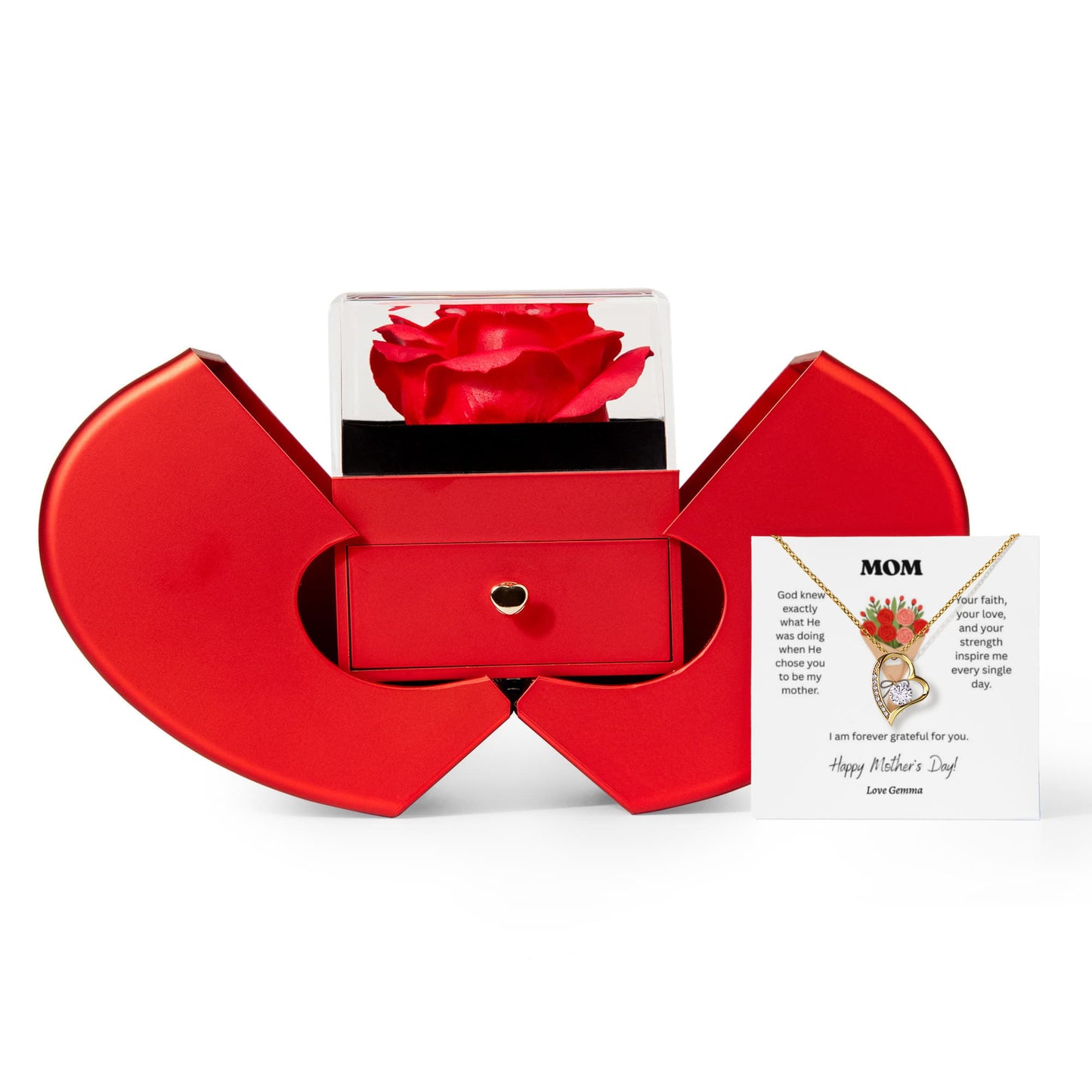 Mother’s Day Forever Love Necklace with Eternal Red Rose Heart Box – 14K White Gold or 18K Gold Heart Pendant Gift for Mom, Wife, or Her